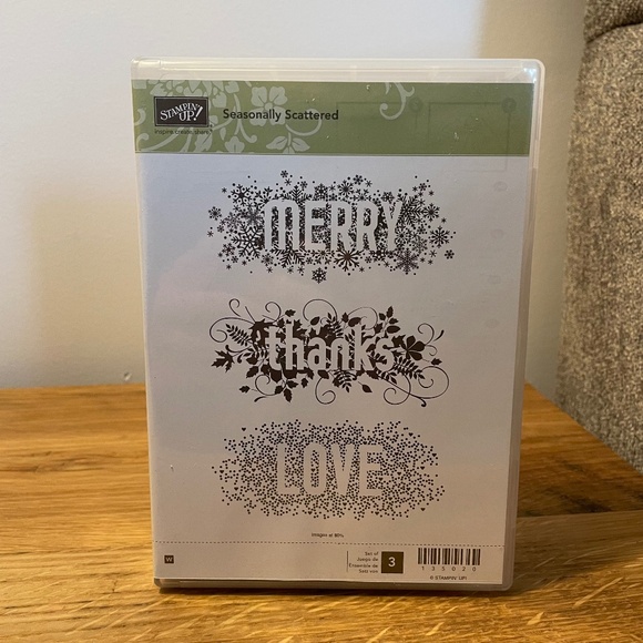 Stampin’ Up! Seasonally Scattered 135020 Set of 3 Stamps – Merry, Thanks, Love - Picture 1 of 9